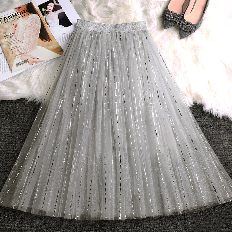 Handmade Grey Sequins Tulle Pleated Summer Skirts
