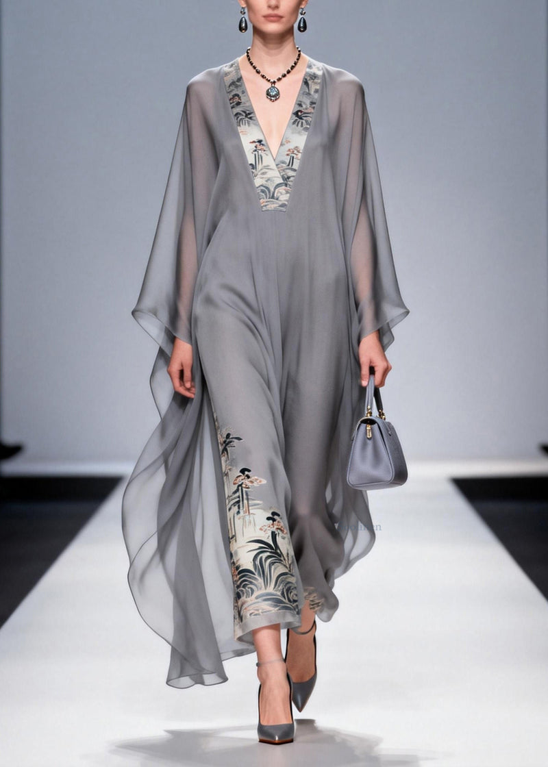 Handmade Grey V Neck Print Patchwork Chiffon Dresses Spring