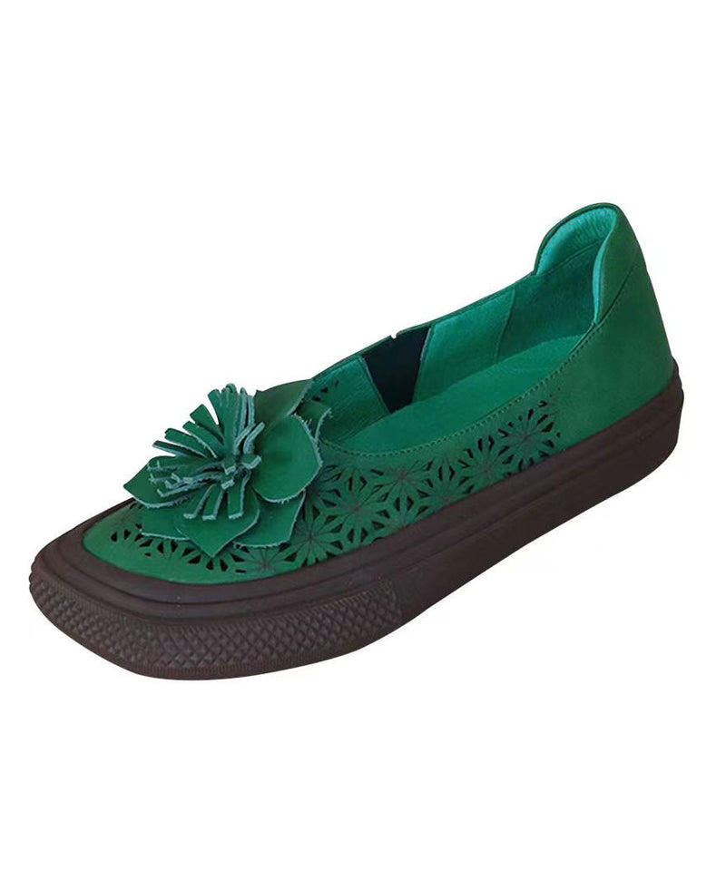 Handmade Hollow Out Green Cowhide Leather Flats Shoes