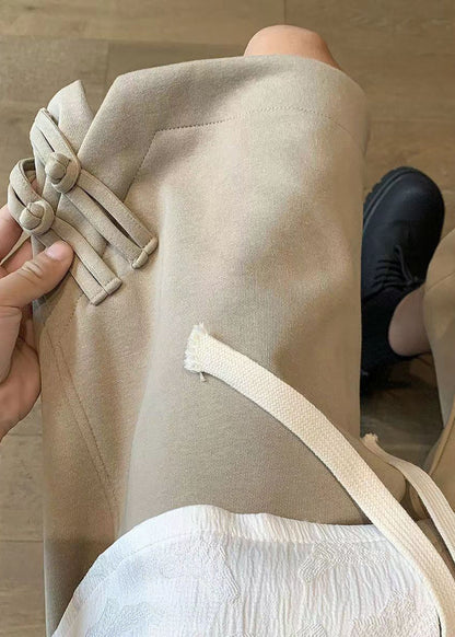 Handmade Khaki Chinese Button Patchwork Cotton Shorts Summer