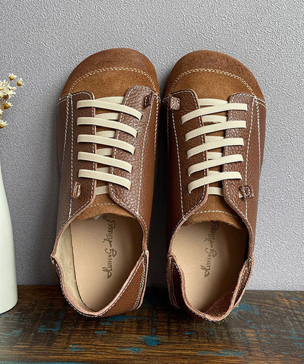 Handmade Khaki Cowhide Leather Penny Loafers Splicing Lace Up