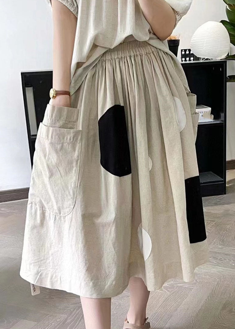 Handmade Khaki Dot Pockets Elastic Waist a Line Skirt Summer