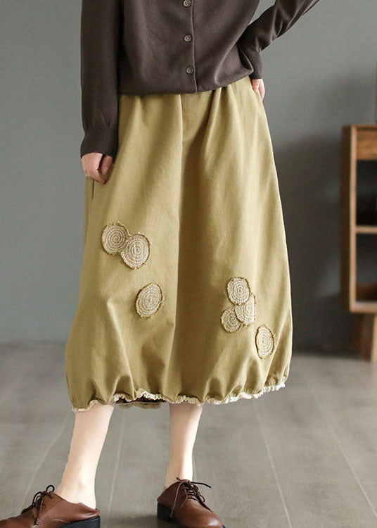 Handmade Khaki Embroideried Elastic Waist Patchwork Cotton Skirts Spring