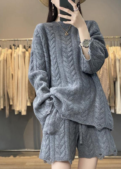 Handmade Khaki Knitted Cotton Thread Top and Shorts Two Pieces Set Long Sleeve