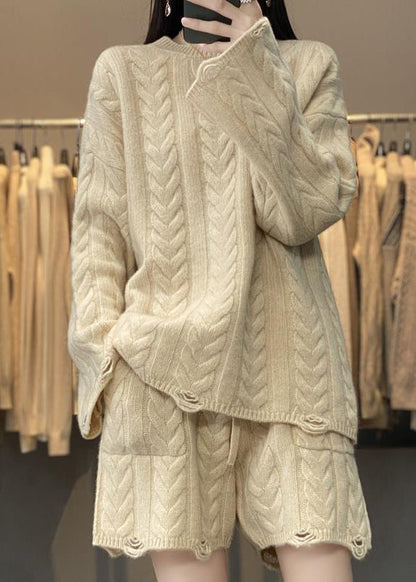 Handmade Khaki Knitted Cotton Thread Top and Shorts Two Pieces Set Long Sleeve