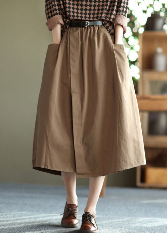 Handmade Khaki Oversized Patchwork Pockets Cotton a Line Skirt Summer