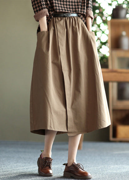 Handmade Khaki Oversized Patchwork Pockets Cotton a Line Skirt Summer