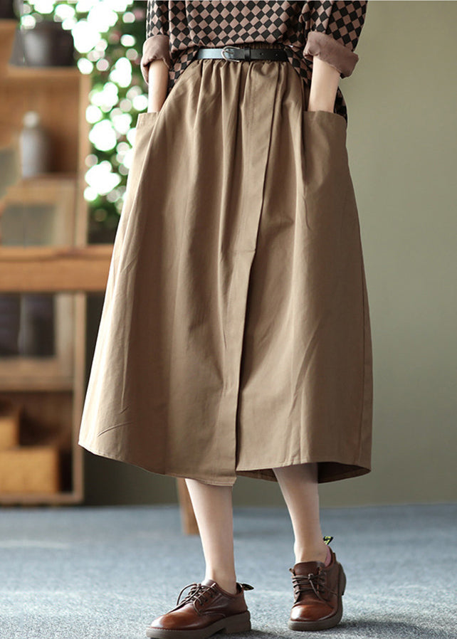 Handmade Khaki Oversized Patchwork Pockets Cotton a Line Skirt Summer