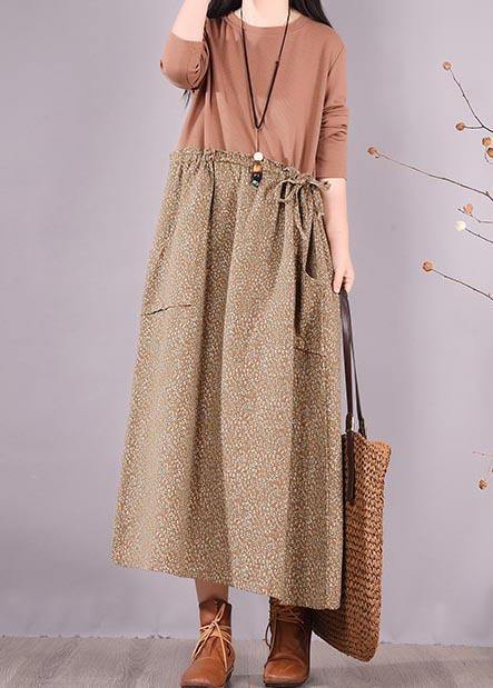 Handmade Khaki Patchwork Print Tunics for O Neck Spring Dress