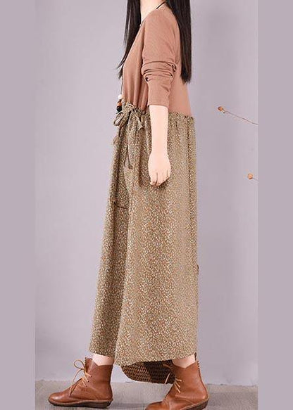 Handmade Khaki Patchwork Print Tunics for O Neck Spring Dress