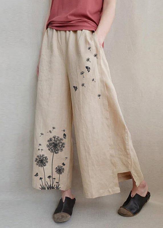 Handmade Green Bird Dandelion Wide Leg Pants Summer Cotton Linen