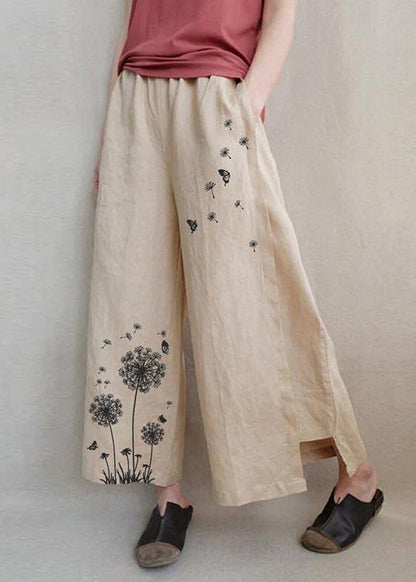 Handmade White Flowers Dandelion Wide Leg Pants Summer Cotton Linen