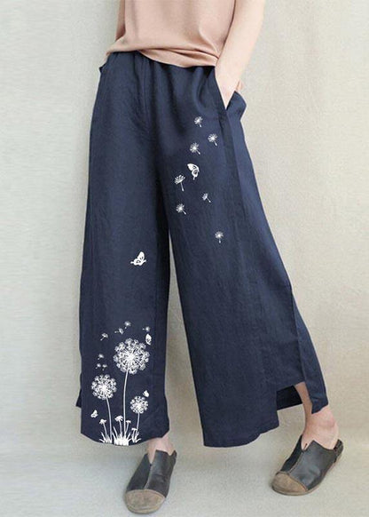 Handmade White Flowers Dandelion Wide Leg Pants Summer Cotton Linen