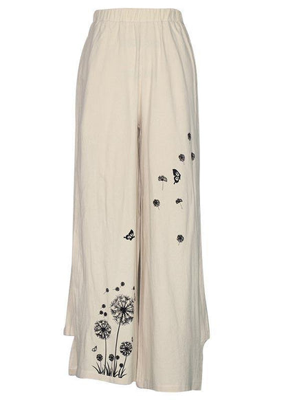 Handmade White Flowers Dandelion Wide Leg Pants Summer Cotton Linen