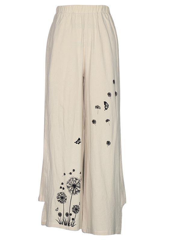 Handmade Green Bird Dandelion Wide Leg Pants Summer Cotton Linen