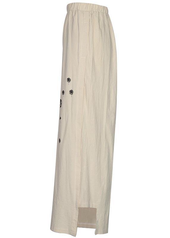 Handmade Green Bird Dandelion Wide Leg Pants Summer Cotton Linen