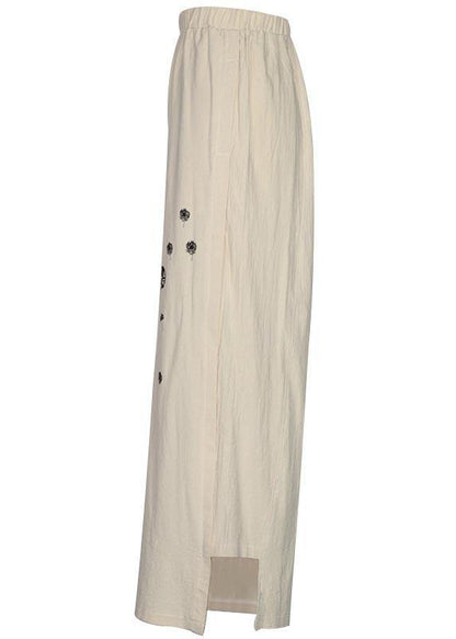 Handmade White Flowers Dandelion Wide Leg Pants Summer Cotton Linen