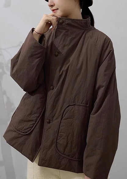 Handmade Khaki Stand Collar Pockets Fine Cotton Filled Parka Winter