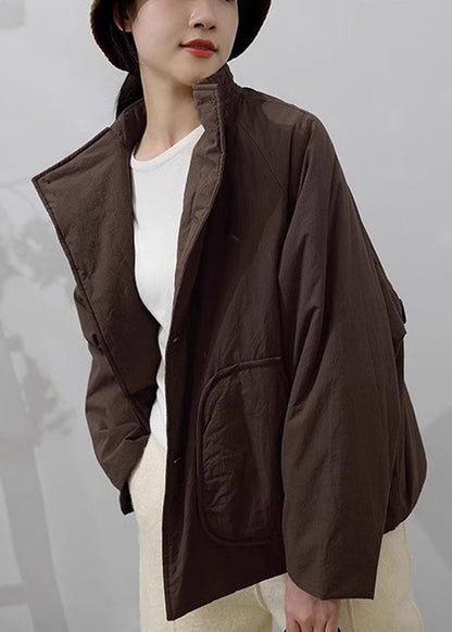 Handmade Khaki Stand Collar Pockets Fine Cotton Filled Parka Winter