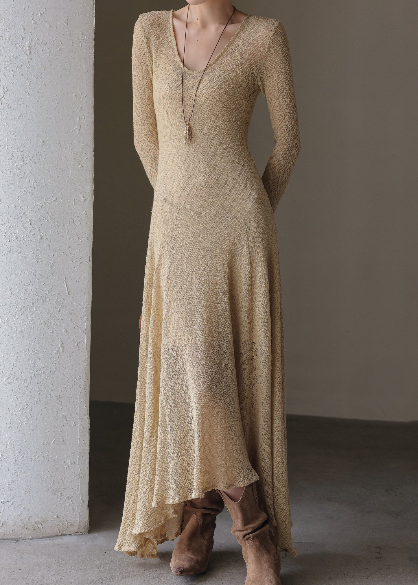 Handmade Khaki U Neck Maxi Dress Spring