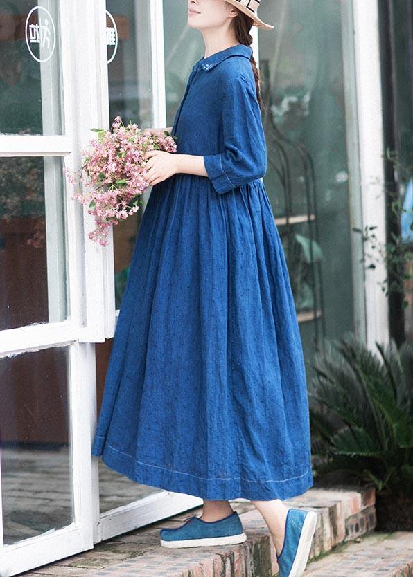 Handmade Lapel Half Sleeve Spring Tunics Shirts Blue Dress