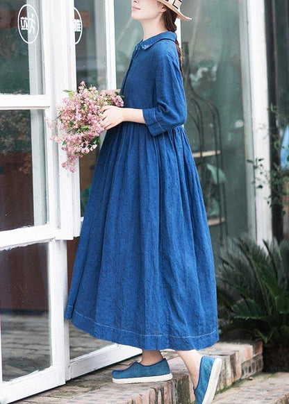 Handmade Lapel Half Sleeve Spring Tunics Shirts Blue Dress
