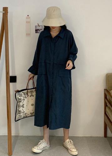 Handmade Lapel Pockets Spring Outfit Wardrobes Blue Dress