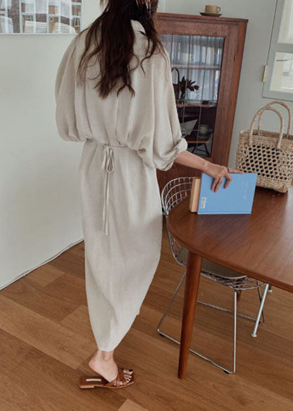 Handmade Light Chocolate Bat Wing Sleeve Patchwork Cotton Shirt Dress Long Sleeve