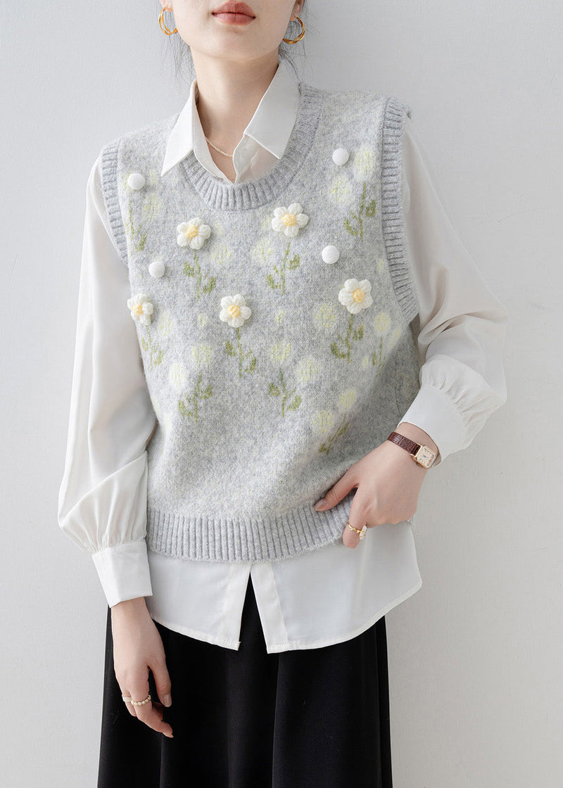 Handmade Light Grey O Neck Knit Vest Sleeveless