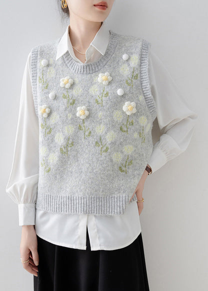 Handmade Light Grey O Neck Knit Vest Sleeveless