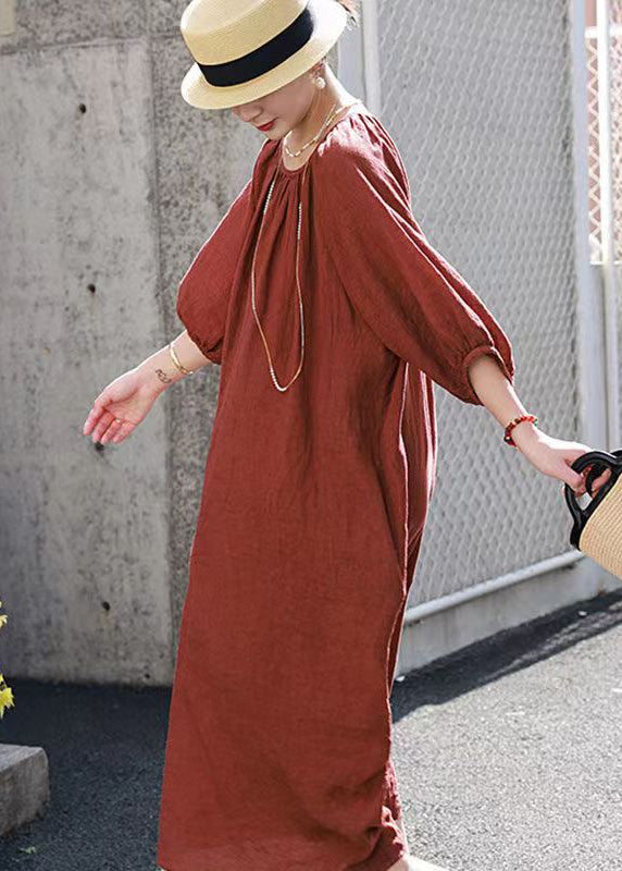 Handmade Loose Orange O-neck Linen Dress Summer
