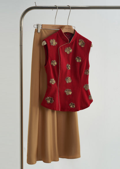 Handmade Mulberry Mandarin Collar Sequins Flower Cotton Vests Spring