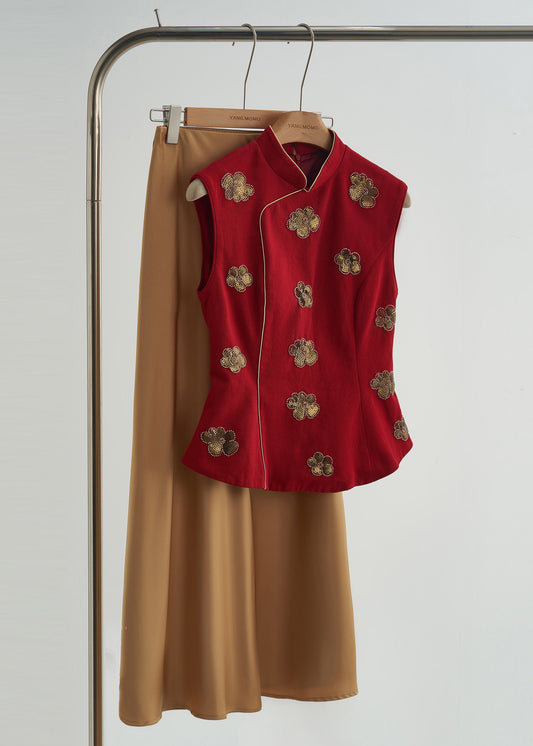 Handmade Mulberry Mandarin Collar Sequins Flower Cotton Vests Spring