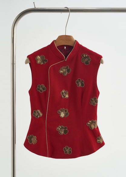 Handmade Mulberry Mandarin Collar Sequins Flower Cotton Vests Spring