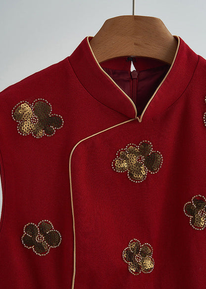 Handmade Mulberry Mandarin Collar Sequins Flower Cotton Vests Spring