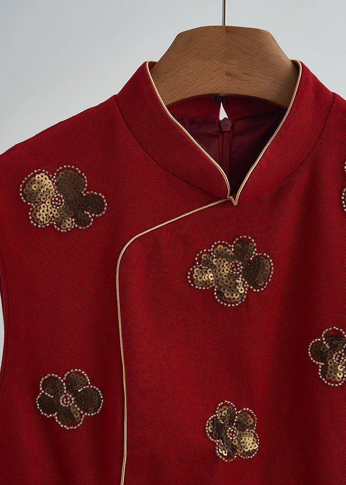 Handmade Mulberry Mandarin Collar Sequins Flower Cotton Vests Spring