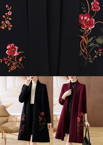 Handmade Mulberry V Neck Print Woolen Long Coat Spring