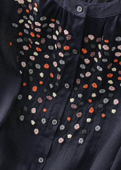 Handmade Navy Embroideried Button Linen Shirt Spring