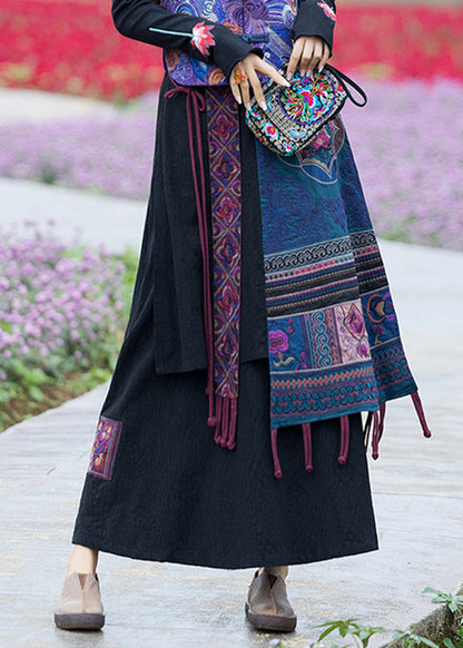 Handmade Navy Embroideried Elastic Waist Tassel Linen Skirt Fall