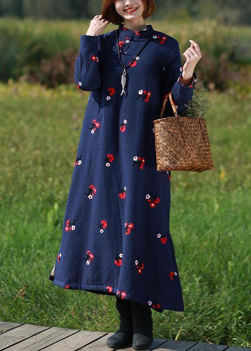 Handmade Navy Embroidery Tunics Stand Collar Robe Spring Dresses