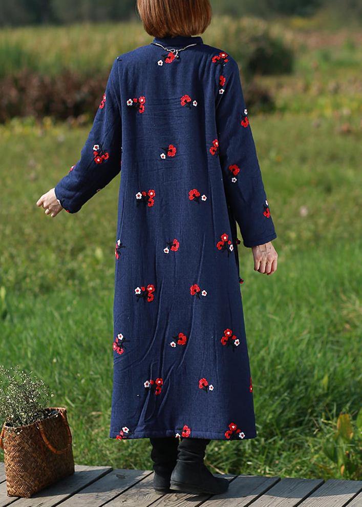 Handmade Navy Embroidery Tunics Stand Collar Robe Spring Dresses