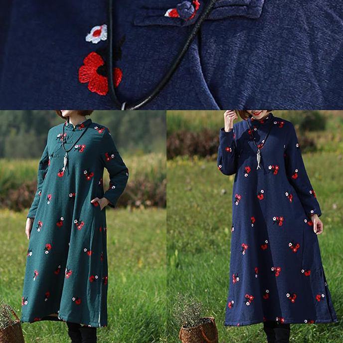 Handmade Navy Embroidery Tunics Stand Collar Robe Spring Dresses