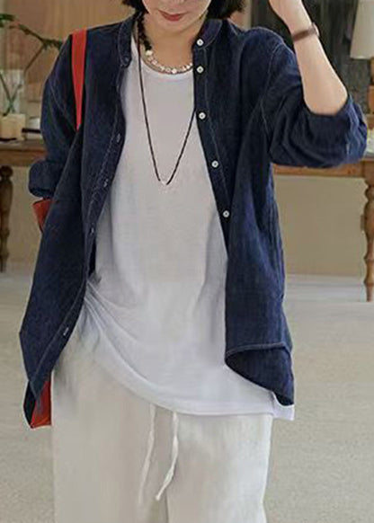 Handmade Navy O-neck Patchwork Button Coats Spring