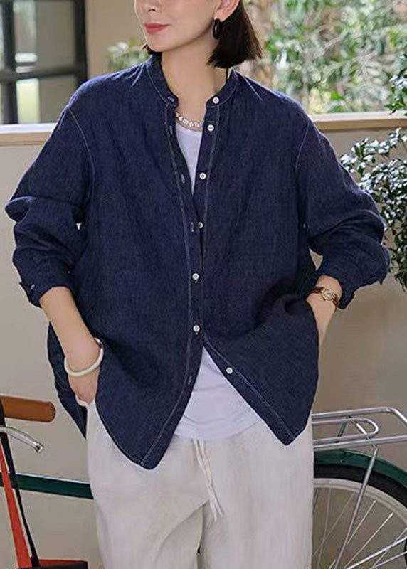 Handmade Navy O-neck Patchwork Button Coats Spring