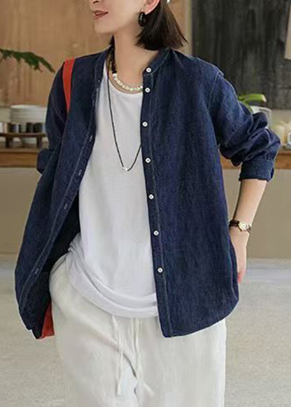 Handmade Navy O-neck Patchwork Button Coats Spring