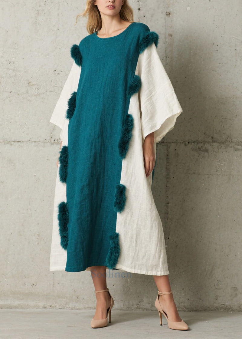 Handmade Navy Oversized Patchwork Faux Fur Long Dresses Fall