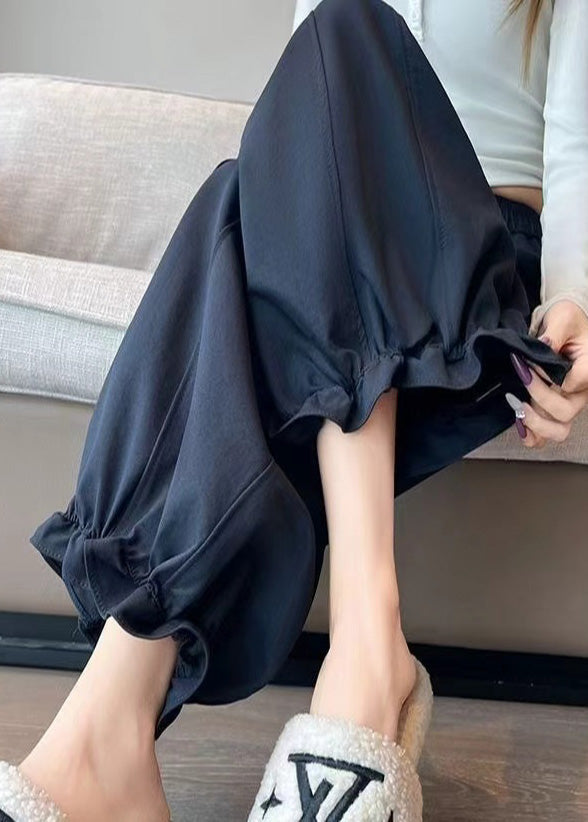 Handmade Navy Ruffled Cotton Crop Pants Spring