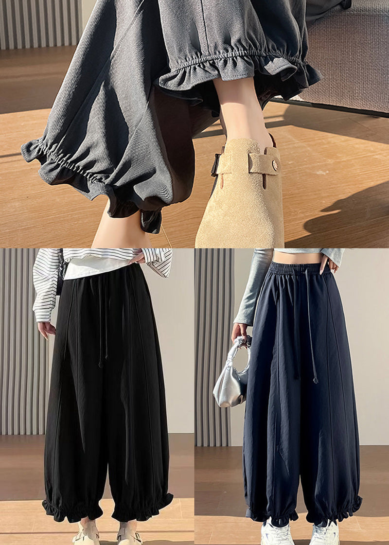 Handmade Navy Ruffled Cotton Crop Pants Spring