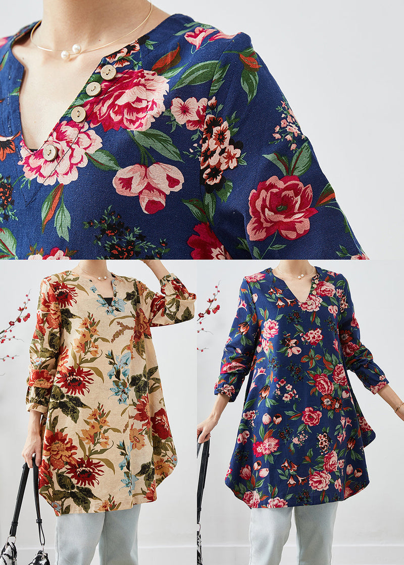 Handmade Navy V Neck Print Linen a Line Dresses Fall