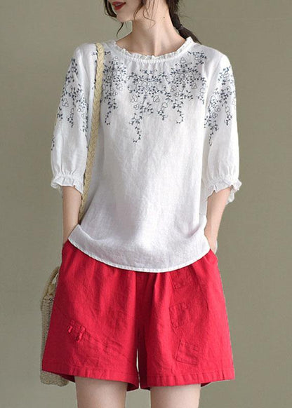 Handmade Navy Lantern Sleeve O-neck Embroideried Summer Ramie Blouses